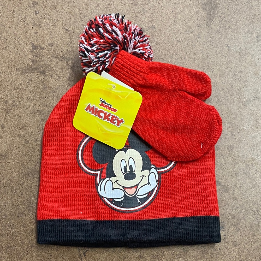 Disney Mickey Mouse Red and Black Knit Hat and Mittens